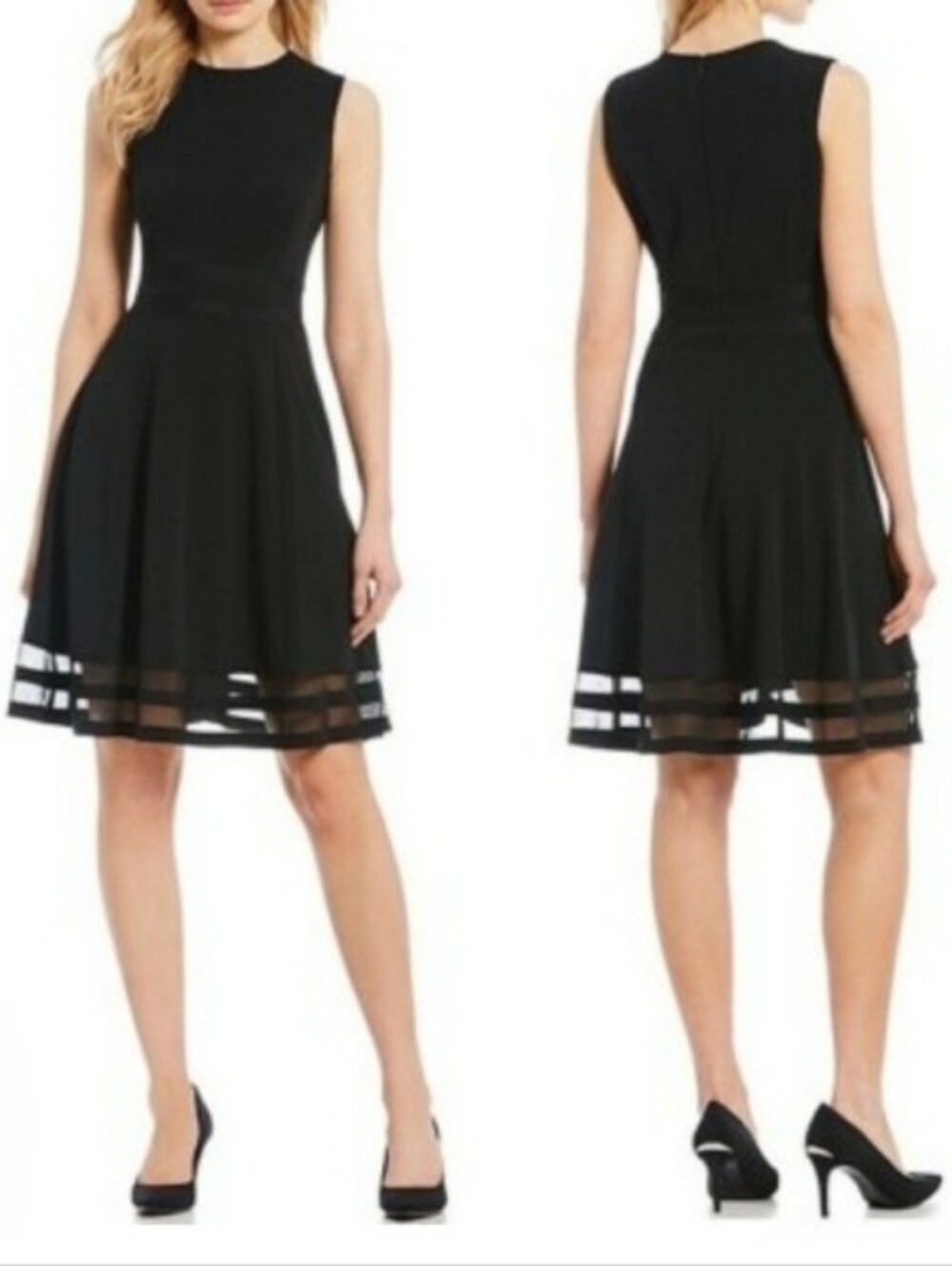 Calvin Klein Black Mesh Illusion Hem Fit Flare Stretch Sleeveless Dress Size 2